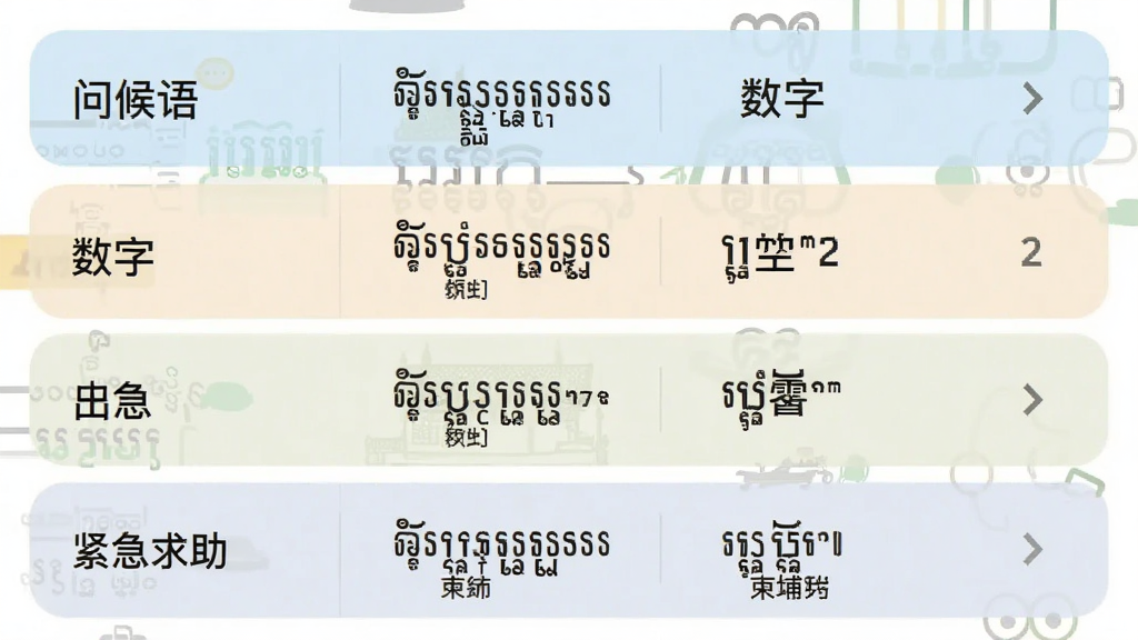 柬埔寨翻译软件的离线短语界面,分类列表展示“问候语”、“数字”、“紧急求助”等选项,点击后显示高棉语和中文对照,界面清晰,色彩柔和,干净无多余元素,画质细腻