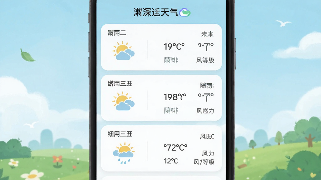 澍天气应用内预报界面截图风格插画,主体为未来几天天气预报列表,布局为纵向卡片式排版,每张卡片显示日期、天气图标和温度范围,风格简洁清新,细节包括降雨概率和风力等级,画质干净,无多余元素,文字标注“澍天气”