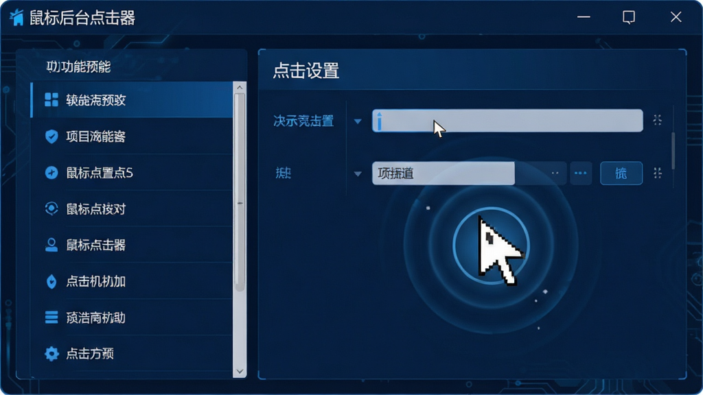 一张高清的软件功能预览图,主体为“鼠标后台点击器”主界面,布局简洁,左侧为功能列表,右侧为点击设置区域,整体采用深蓝色科技风格,细节包含鼠标指针和点击波纹特效,画质清晰,干净无多余元素