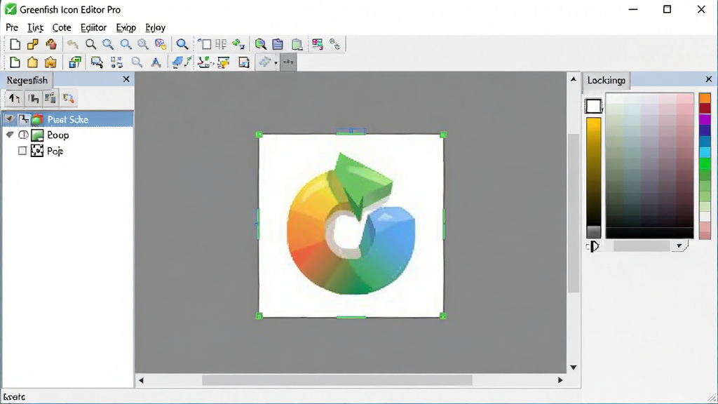 一幅展示Greenfish Icon Editor Pro软件主界面的高清截图,界面包含菜单栏、工具栏、左侧图层管理面板、中央画布区域和右侧颜色选择器,画布上有一个正在编辑的彩色图标,整体布局清晰,专业设计软件风格,干净无多余元素