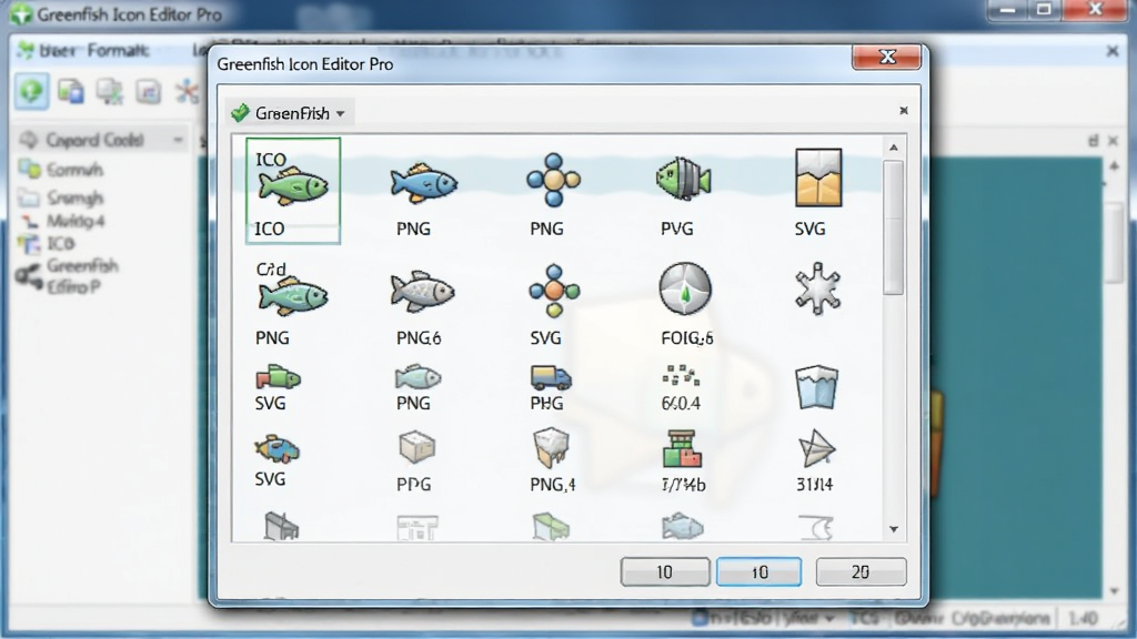 Greenfish Icon Editor Pro 文件格式选择界面,显示多种导出格式如ICO、PNG、SVG的对话框,背景为软件界面,突出格式列表,专业截图风格,画质干净