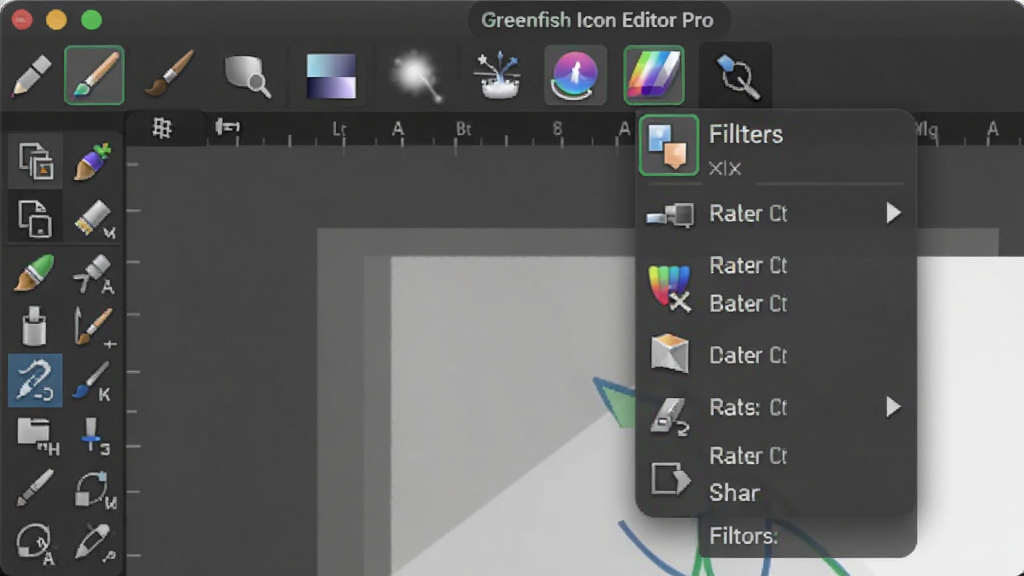 Greenfish Icon Editor Pro 的工具栏和滤镜菜单展开状态,显示铅笔、画笔、渐变、模糊等图标,背景为半透明图层叠加效果,界面高亮显示工具图标,专业设计软件截图,干净清晰
