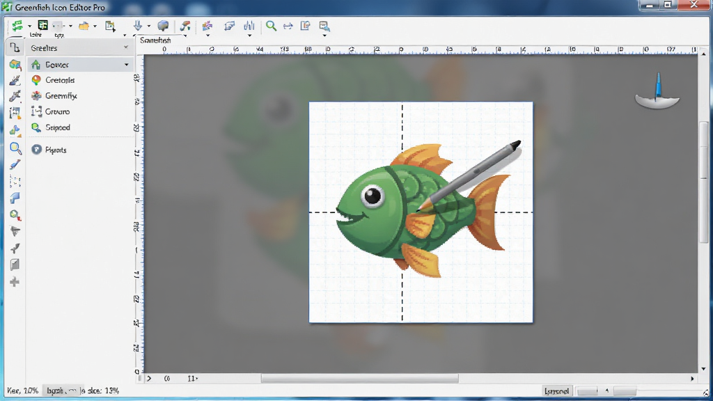 Greenfish Icon Editor Pro 编辑界面,画布上显示一个正在绘制的图标,周围有网格线和标尺,左侧工具栏展开,底部状态栏显示缩放比例,整体界面专业干净,软件截图风格