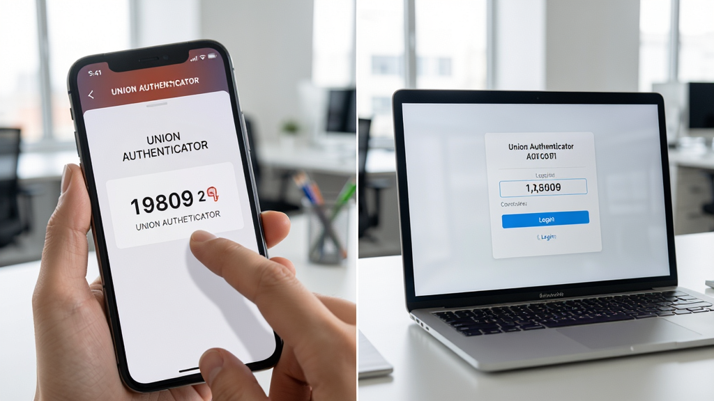 主体:用户正在手机上使用Union Authenticator应用复制验证码,并在电脑屏幕上粘贴登录的场景。布局:左侧为手机特写,手指点击验证码;右侧为笔记本电脑屏幕,登录框内正在输入验证码。排版:画面分为左右两部分,光线明亮,背景为现代化的办公室。风格:写实风格,色彩自然,场景真实。画质:高清晰度,干净,无多余元素。