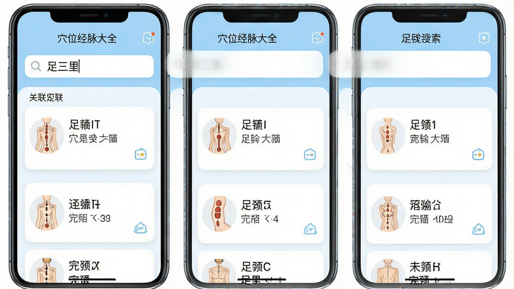 主体为“穴位经脉大全”软件的搜索功能界面截图,搜索框内输入“足三里”。布局为手机界面全屏展示,下方以卡片形式列出搜索结果和关联穴位。排版上,搜索框位于顶部,结果列表清晰有序。风格为现代扁平化UI设计,色调以白色和浅蓝色为主。细节要求搜索结果卡片有穴位名称和简要定位,界面图标精致。画质清晰,干净,无多余元素。