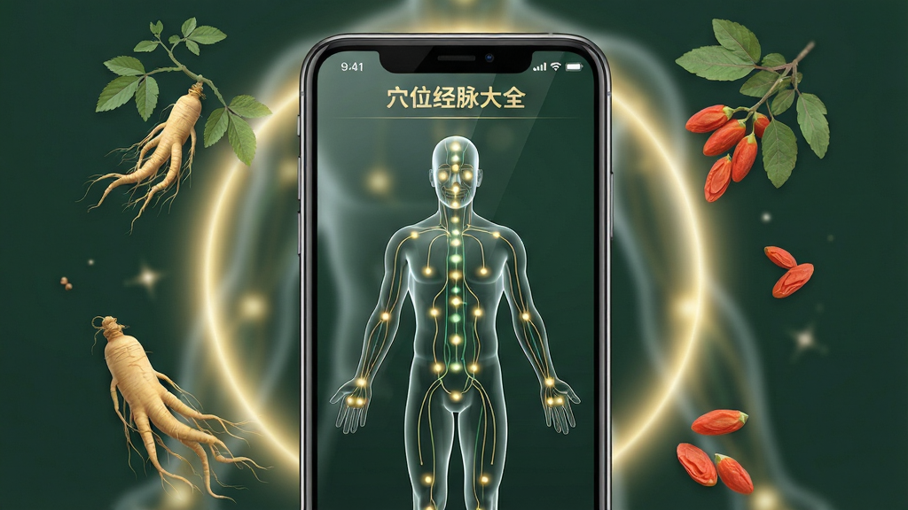 主体为一部亮着屏幕的智能手机,屏幕上清晰展示着“穴位经脉大全”APP的界面,界面内是半透明的人体经络3D模型,闪烁着光点穴位。布局为手机居中,四周有柔和的光晕和漂浮的中草药元素如人参、枸杞。排版以手机为视觉中心,背景虚化。风格为现代科技感与古朴中医风结合,色调以墨绿和金色为主。细节要求人体经络模型线条流畅,穴位光点清晰可见,屏幕反光自然。画质高清,干净,无多余元素。