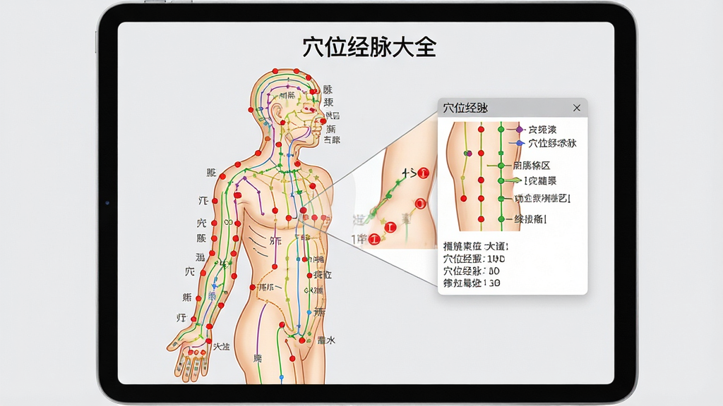 主体为“穴位经脉大全”软件在平板电脑上展示的高清经络图,画面显示的是人体侧面经络走向。布局为平板居中,经络图为彩色线条标注,穴位用红色圆点标记。排版上,经络图占据画面大部分,右侧有放大的穴位说明弹窗。风格为医学教材插画风格,干净简洁,背景为浅灰色。细节要求经络线条走向清晰,穴位标注文字可见,平板电脑边框圆润。画质极佳,干净,无多余元素。