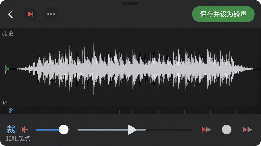 手机来电铃声APP的铃声编辑界面,波形图显示音频轨道,下方有裁剪起点和终点滑块,中间一个播放进度条,右上角有“保存并设为铃声”按钮,背景为深灰色调突出波形细节,界面专业但不复杂,画质清晰,干净无多余元素