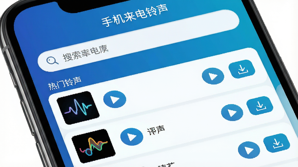 一张智能手机屏幕特写,屏幕界面显示“手机来电铃声”APP主页面,顶部搜索栏醒目,下方整齐排列着热门铃声推荐列表,每首铃声旁有播放按钮和下载按钮,背景为渐变色科技蓝,整体布局简洁清晰,画质高清,干净无多余元素