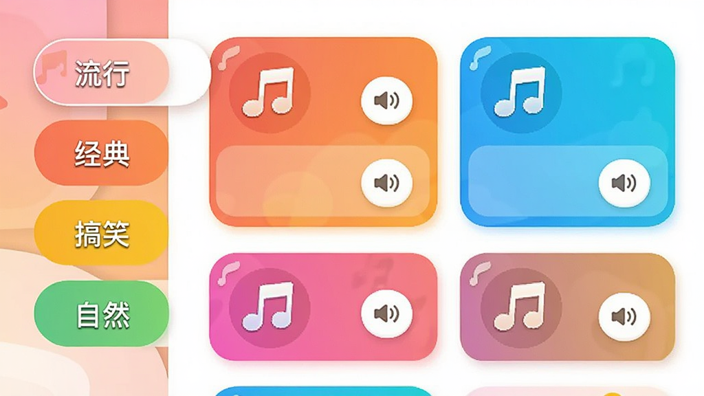 手机来电铃声APP的铃声分类页面,左侧滑动栏显示“流行”、“经典”、“搞笑”、“自然”等分类标签,右侧展示各类别下代表性的铃声卡片,每张卡片上有音符图标和试听按钮,界面采用圆角卡片设计,色彩明亮活泼,画质细腻,干净无多余元素