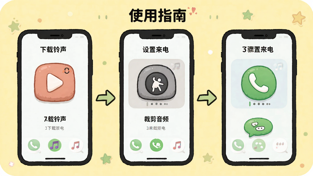 手机来电铃声APP的“使用指南”页面,以插画风格展示手机屏幕中下载铃声、裁剪音频、设置来电的步骤,画面分为三个步骤流程,每个步骤配有箭头指引,背景为淡黄色,插画风格可爱简洁,画质清晰,干净无多余元素