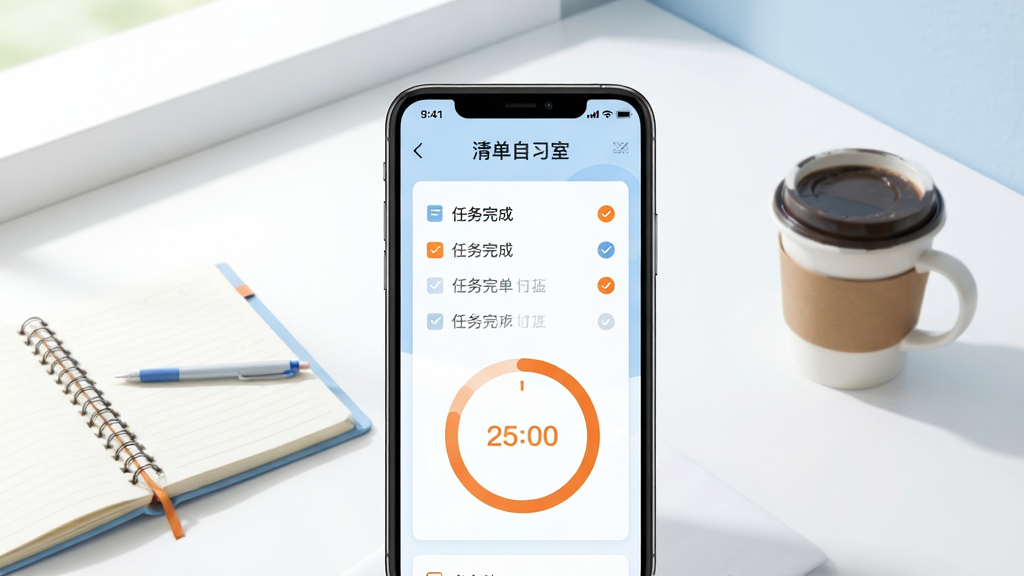 画面主体为一部智能手机屏幕展示“清单自习室”主界面,屏幕中央有任务列表和番茄钟计时圆环,旁边摆放着笔记本和咖啡杯,背景是明亮简洁的书桌一角。布局采用手机居中、周围留白,排版干净清爽。风格为扁平化插画结合轻度写实,色彩以淡蓝和白色为主,点缀橙色高亮。细节包括任务完成勾选、计时数字“25:00”、进度圆环。画质高清、干净、无多余元素。