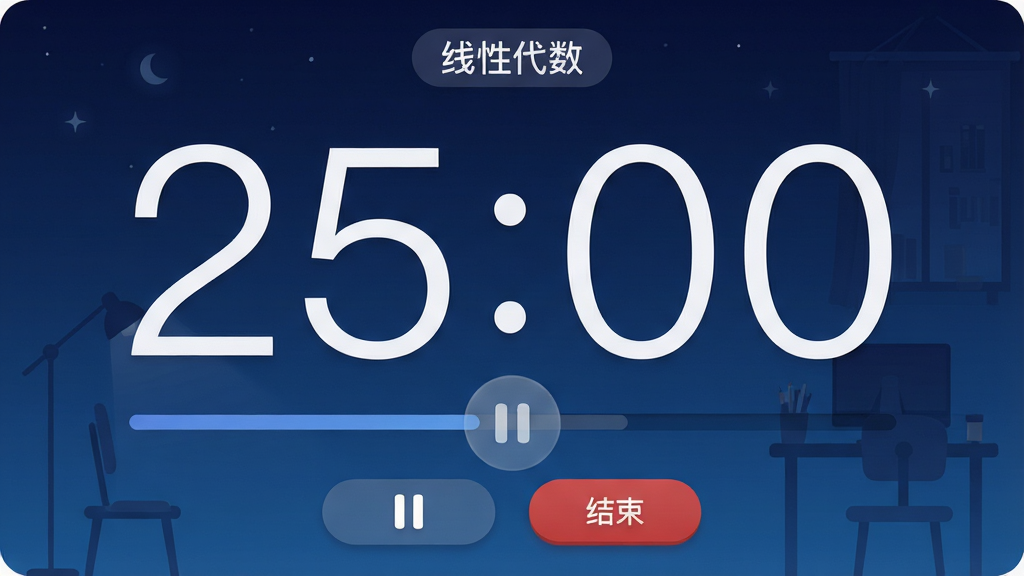 画面主体为清单自习室专注计时界面,全屏显示大大的“25:00”倒计时,顶部有“线性代数”任务标签,底部有暂停和结束按钮。布局居中对称,背景为深蓝色渐变模拟夜晚自习室,有微弱的星光点缀。风格为拟物化与扁平结合,数字采用细体字。细节包括进度条圆弧、暂停按钮半透明、结束按钮为红色。画质高清、氛围安静、干净、无多余元素。