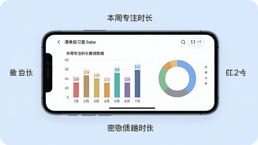 画面主体为手机横屏展示清单自习室统计页面,屏幕上显示柱状图和圆环图,周围有“本周专注时长”等文字。布局采用图表居中,背景为浅蓝色。风格为数据可视化风格,图表清晰。细节包括不同颜色柱条、数字标注。画质干净、无多余元素。