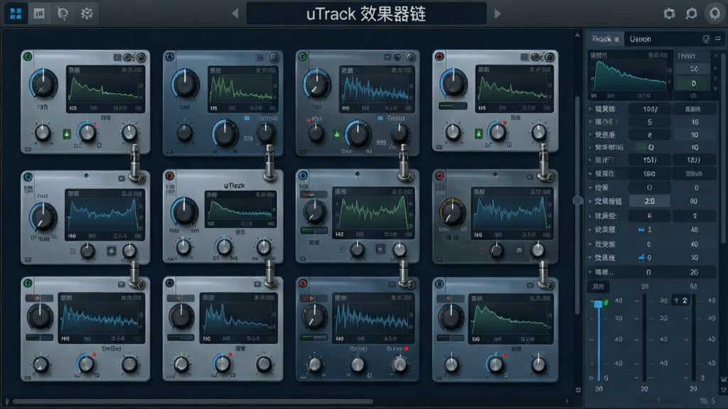 一张展示uTrack软件效果器链编辑界面的截图,画面中央显示多个效果器模块串联排列,每个模块都有旋钮和波形图,右侧为参数调节面板,整体采用深蓝与灰色调,突出专业音频处理氛围,界面顶部显示“uTrack 效果器链”字样
