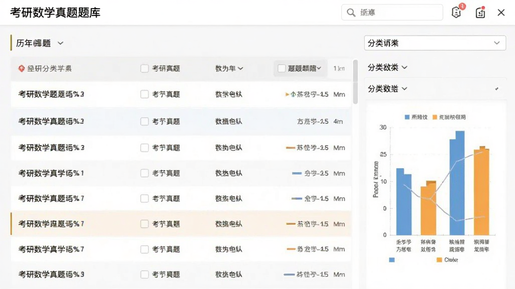 考研数学真题题库界面截图,显示历年真题列表和分类筛选选项,界面简洁,数据清晰,图表结合,色彩明快,画质干净