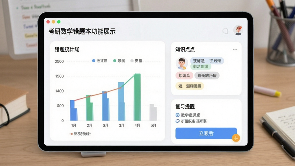 考研数学错题本功能展示,界面包含错题统计图表、知识点标签和复习提醒,设计直观,操作便捷,风格清新,画质干净
