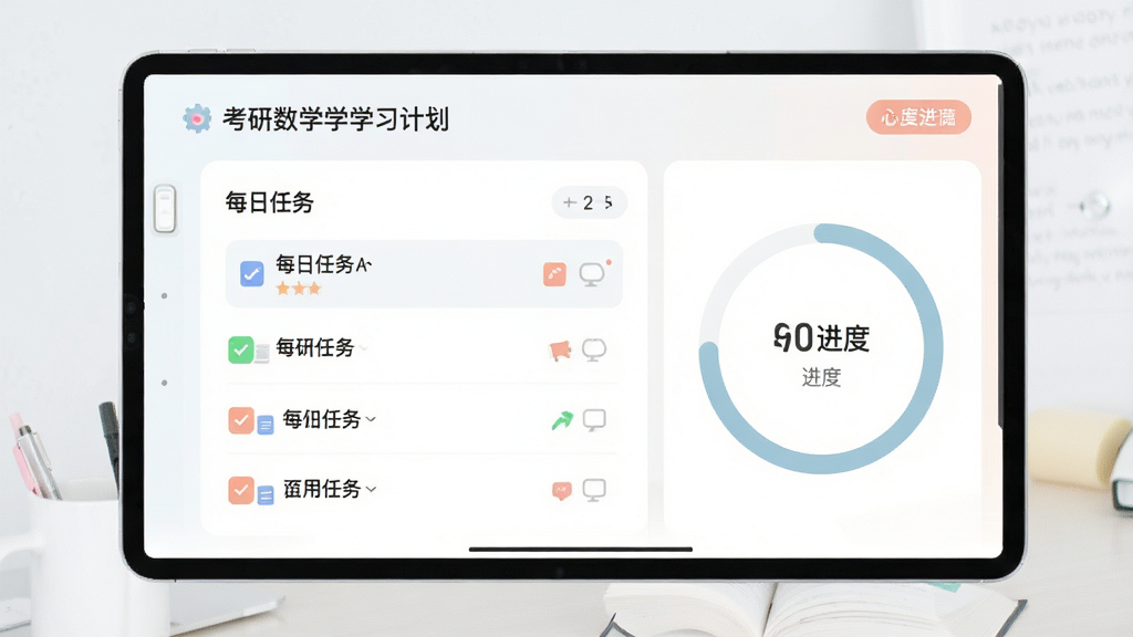 考研数学学习计划界面示意图,展示每日任务列表和进度环,风格简洁,色彩柔和,画质干净