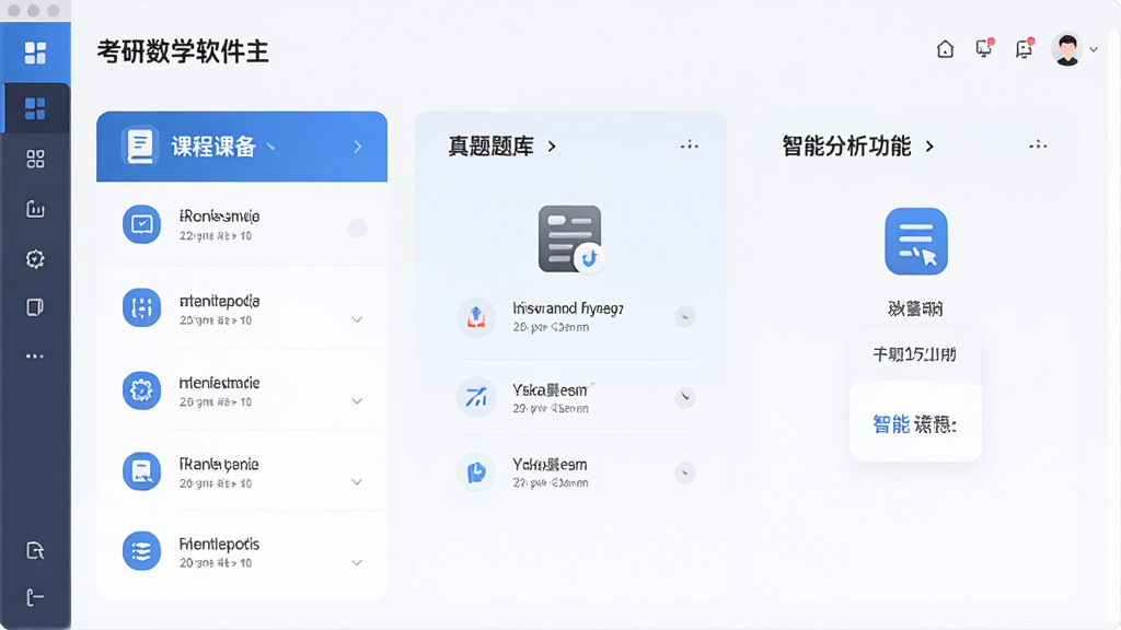 考研数学软件主界面预览图,展示课程列表、真题题库和智能分析功能,布局清晰,风格简约现代,以蓝色和白色为主色调,图标精致,文字清晰,画质干净,无多余元素