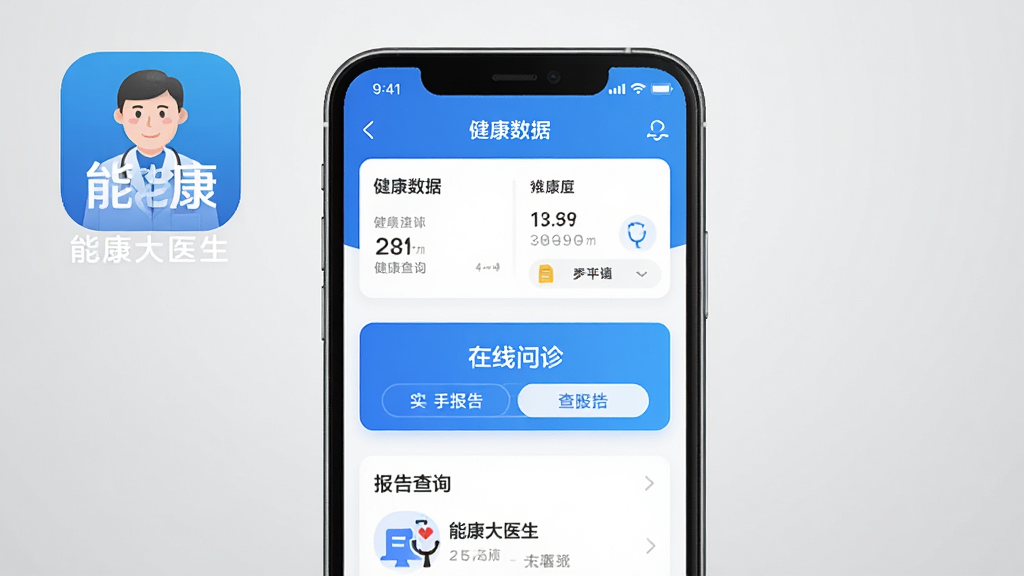 一幅展示“能康大医生”APP主界面的高清截图,界面包含健康数据看板、在线问诊入口、报告查询模块,整体风格简洁现代,以蓝白为主色调,手机居中摆放,背景为浅灰色渐变,突出APP图标与名称“能康大医生”,画质清晰,无多余元素
