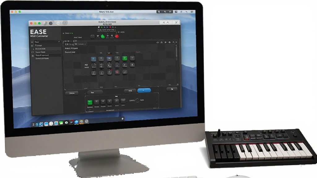 一张展示EASE Midi Converter使用场景的图片,主体为电脑屏幕中软件运行界面,旁边有MIDI键盘设备,布局自然,排版协调,风格写实,细节丰富,画质清晰