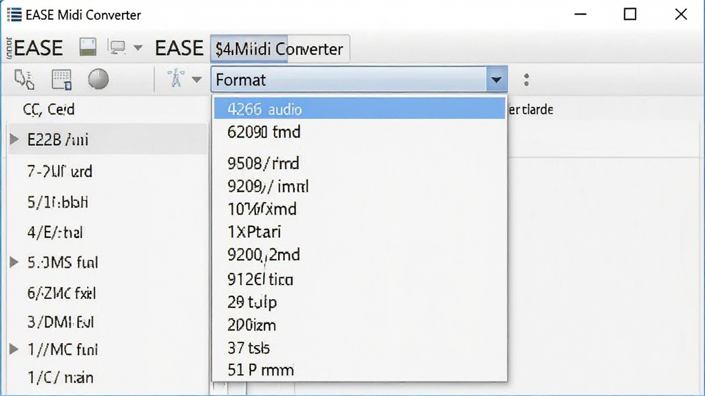 一张展示EASE Midi Converter格式转换功能的截图,主体是软件界面中格式下拉菜单展开状态,显示多种音频格式列表,布局居中,排版整齐,风格写实,细节清晰,画质干净