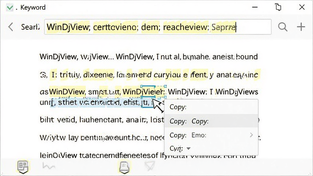 WinDjView文字选择与搜索功能截图,鼠标选中页面中的文字并弹出复制选项,顶部搜索栏输入关键词后高亮显示所有匹配项,界面清爽,功能指示明确,画质干净无多余元素
