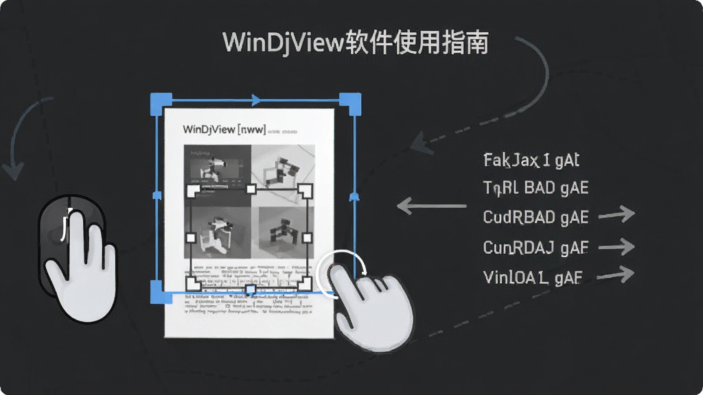 WinDjView软件使用指南示意图,展示鼠标手势操作,右键画框放大页面细节,旁边标注快捷键说明,风格简约,指示清晰,画质干净无多余元素