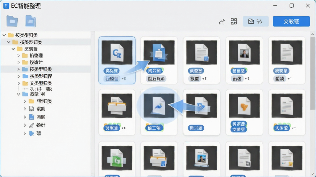 EC软件智能文件整理功能操作界面截图,主体为文件分类管理窗口,左侧显示“按类型归类”的树状目录,右侧为待整理文件缩略图列表,每个文件卡片带有类型标签,界面采用浅灰色背景搭配蓝色高亮按钮,窗口顶部有“EC智能整理”文字标识,布局规整,风格简洁明了,细节展示文件移动动画轨迹,画质干净,无多余元素