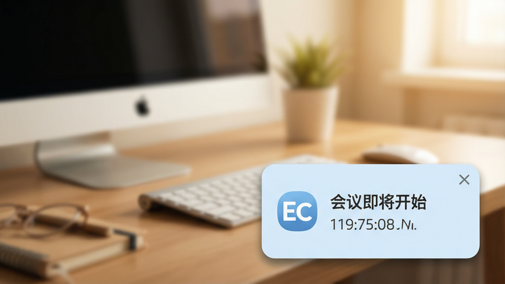 EC软件日程提醒功能展示图,主体为电脑桌面右下角弹出的圆角提醒卡片,卡片上显示“会议即将开始”字样及时间,背景为模糊处理的办公桌面,卡片主色调为淡蓝色,带有EC小图标,布局干净,风格温馨,细节包括卡片阴影和关闭按钮,画质清晰,无多余元素