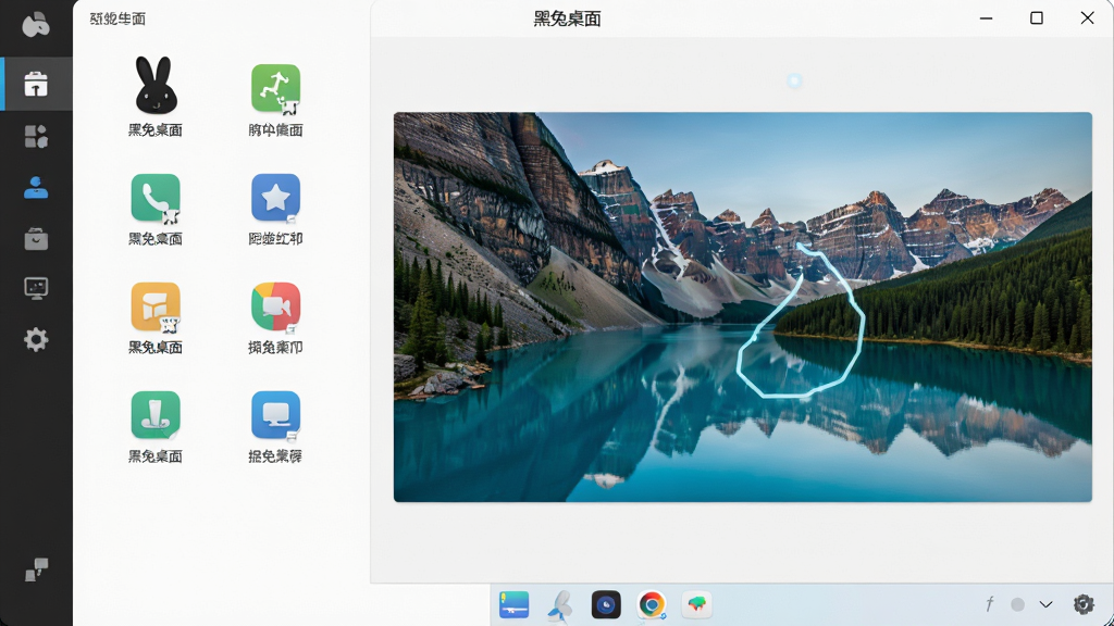 主体:黑兔桌面软件主界面,展示整洁的桌面图标和动态壁纸;布局:左侧为功能导航栏,右侧为壁纸预览区,底部为系统托盘图标;排版:扁平化设计,图标整齐排列,色彩搭配清新;风格:现代简约,科技感;细节:界面标注“黑兔桌面”字样,壁纸采用自然风景;画质:高清渲染,干净无多余元素