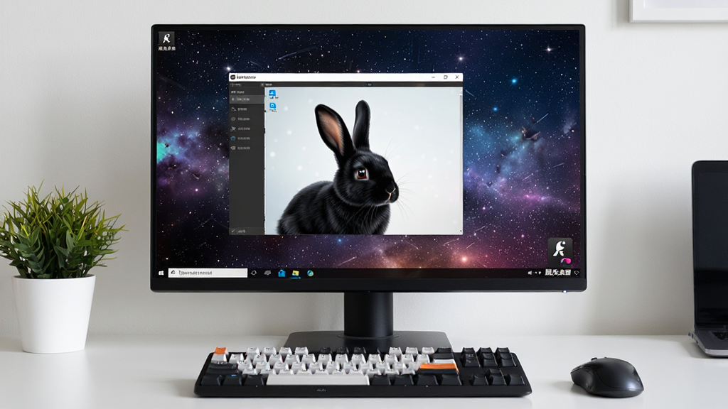 主体:黑兔桌面软件运行在Windows电脑上的实际效果,桌面整洁美观;布局:电脑屏幕占据画面中央,键盘鼠标在前景;排版:屏幕中显示软件主界面和动态壁纸;风格:生活化,写实;细节:屏幕右下角显示“黑兔桌面”图标,壁纸为星空动态图;画质:高清,色彩丰富,干净无多余元素