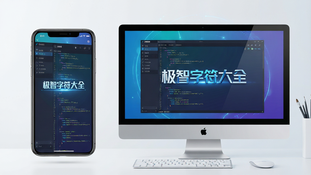 极智字符大全软件使用教程配图,展示移动端和电脑端同时使用场景,手机和电脑屏幕均显示软件界面,布局协调,风格科技感,画质高清,干净无多余元素,包含“极智字符大全”软件名称。