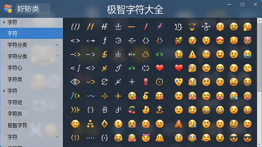 极智字符大全软件特色功能展示图,展示分类浏览界面,左侧为字符分类列表,右侧为具体字符展示,包含各类特殊符号与表情,布局整齐,界面清爽,风格简洁,画质清晰,干净无多余元素,标注“极智字符大全”软件名称。