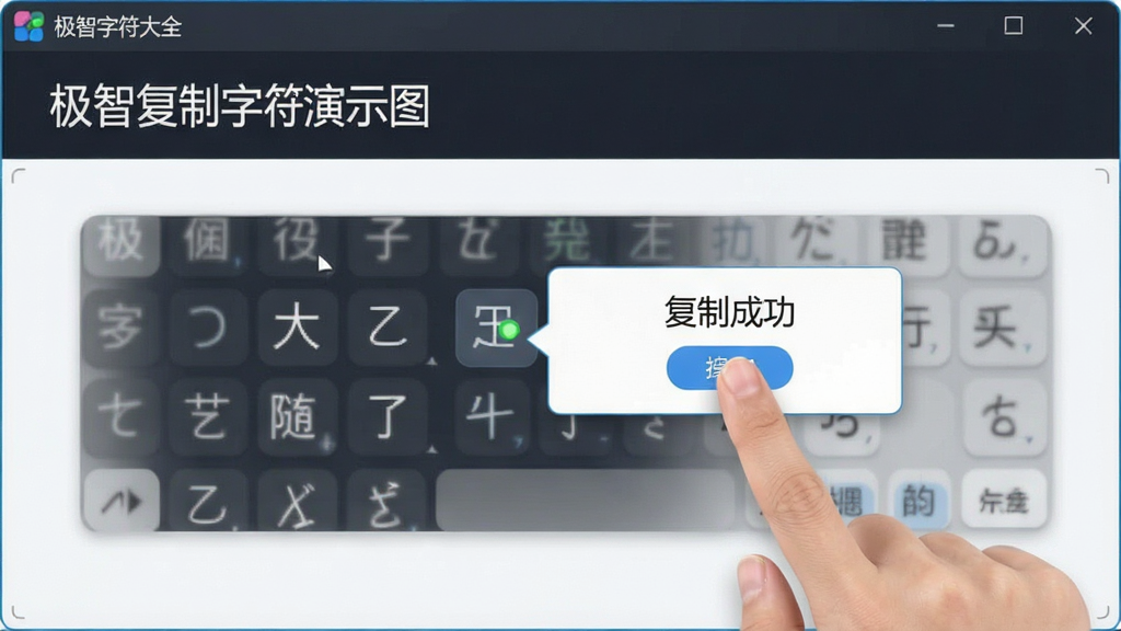 极智字符大全软件一键复制功能演示图,手指点击字符后弹出复制成功提示,界面简洁,操作流程清晰,风格现代,画质锐利,干净无多余元素,包含“极智字符大全”软件名称。