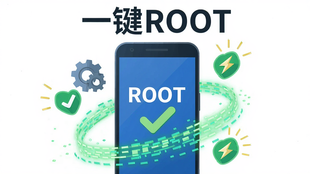 Root助手一键ROOT功能示意图,主体为一部安卓手机屏幕显示ROOT成功字样,布局居中偏上,周围环绕绿色对勾与数据流动光效,排版上方标注