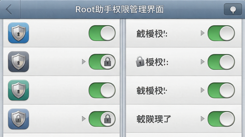 Root助手权限管理界面截图,主体为手机应用列表与授权开关列表,布局左右分栏,左侧应用图标右侧开关按钮,排版整齐有序,风格拟物化设计,细节包含盾牌与锁定图标,画质清晰,干净无多余元素