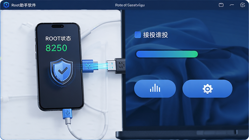Root助手软件主界面展示,主体为手机连接电脑的3D渲染场景,布局居中,左侧显示手机型号与ROOT状态,右侧为进度条与功能按钮,排版简洁大气,风格科技感蓝色调,细节包含数据线连接光束与盾牌图标,画质8K超清,干净无多余元素