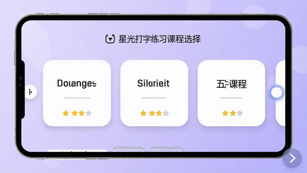 星光打字练习课程选择界面,展示英文、拼音、五笔课程卡片,每个卡片有难度星级,背景采用渐变浅紫色,卡片圆角设计,课程列表滚动排列,文字清晰,风格现代,画质干净,无多余元素