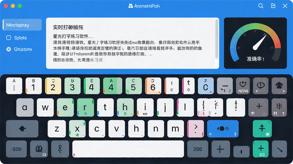 星光打字练习软件主界面预览,显示键盘指法分区彩色标注,练习文章区与实时速度准确率仪表盘,整体布局简洁明亮,采用蓝白配色,现代扁平化设计风格,界面元素清晰,画质干净,无多余元素