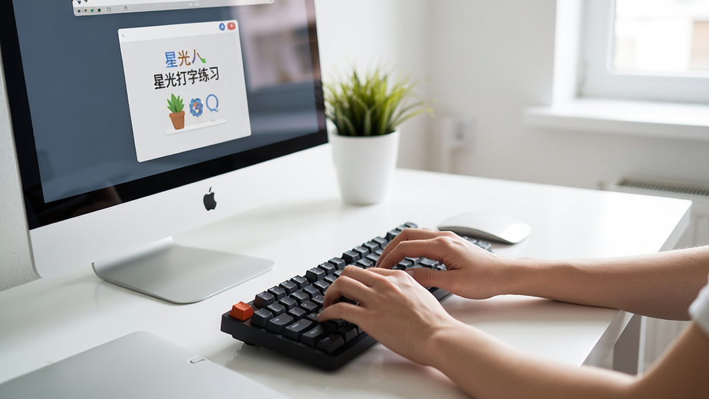 星光打字练习使用场景图,用户双手在键盘上打字,电脑屏幕显示软件练习界面,桌面整洁,光线明亮,照片风格自然,画质清晰,无多余元素