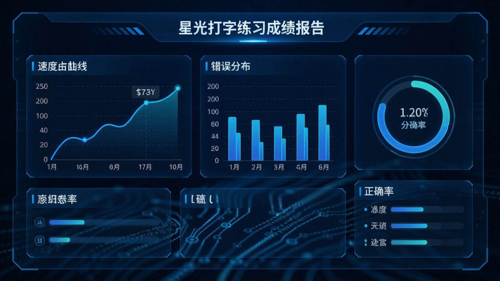 星光打字练习成绩报告页面,展示折线图速度曲线,柱状图错误分布,圆形图正确率,数据面板蓝色科技感风格,界面清晰,图表精致,画质干净,无多余元素