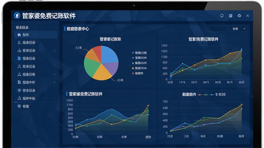 高清截图风格,画面主体为管家婆免费记账软件的报表中心界面,屏幕上展示着彩色饼图与趋势折线图,背景为深蓝色商务风格。界面布局规整,左侧为报表目录,右侧为图表详情,画面质感现代,字体清晰,突出“管家婆免费记账软件”的数据分析能力,画质干净无噪点。