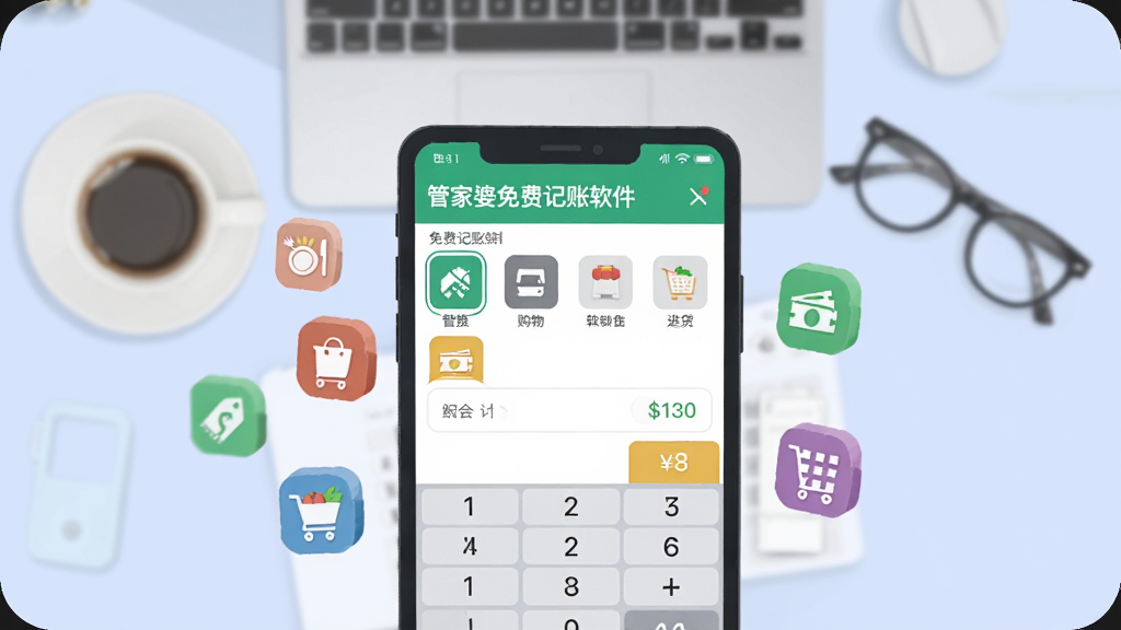 插画风格,前景是管家婆免费记账软件的记账输入界面,屏幕上显示分类选择图标与金额键盘,周边悬浮着餐饮、购物、工资、进货等彩色小图标。背景为柔和的淡蓝色工作台,配有一杯咖啡和眼镜。布局采用中心构图,扁平化设计,细节丰富,画面干净整洁,突出“管家婆免费记账软件”的智能分类功能。