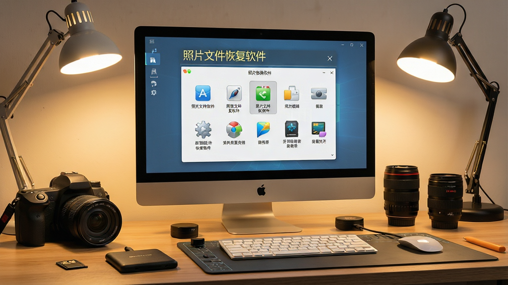 一张高清摄影工作台场景,电脑屏幕显示“照片文件恢复软件”主界面,周围散落相机、SD卡、移动硬盘,暖色调灯光,界面图标清晰可见,整体风格专业且温馨,细节丰富,画质干净无多余元素