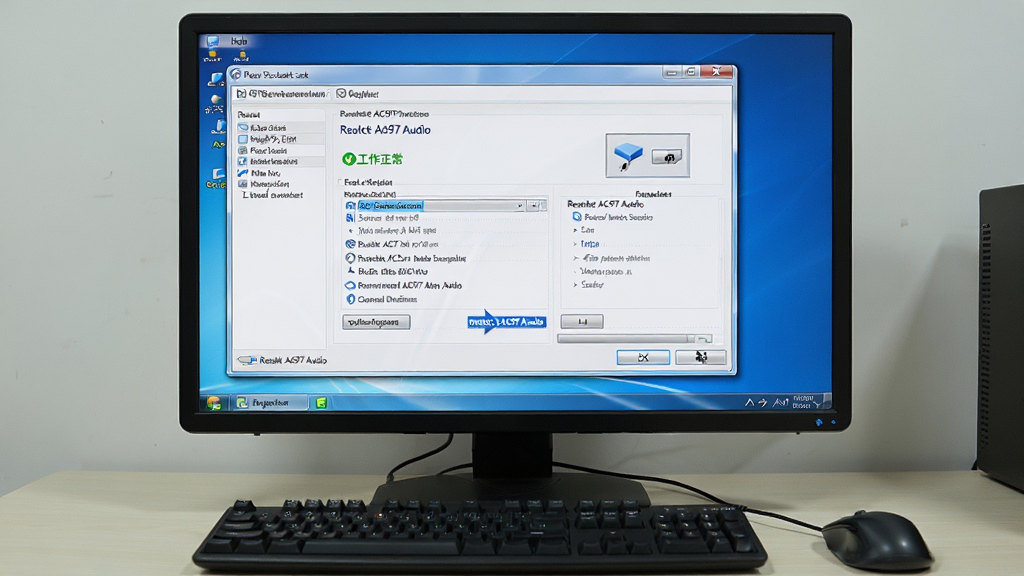 主体:电脑屏幕显示设备管理器中的声卡属性窗口,鼠标指向“Realtek AC97 Audio”;布局:屏幕居中,周围有键盘鼠标;排版:居中构图;风格:写实;细节:窗口内显示“工作正常”状态;画质:高清,干净,无多余元素