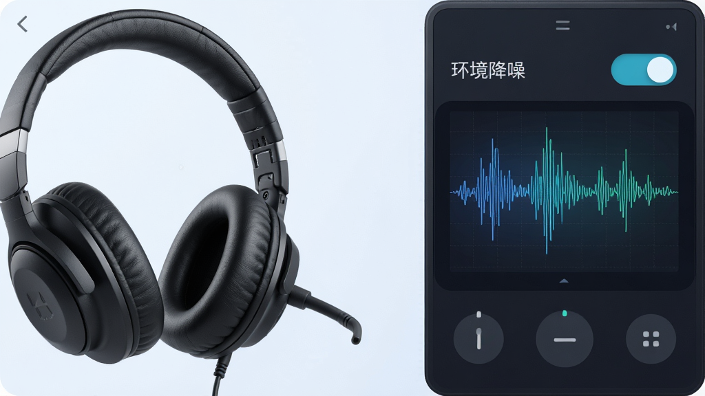 主体:耳机麦克风与声卡控制面板界面叠加,界面显示“环境降噪”开关;布局:耳机在左,控制面板在右;排版:左右分栏;风格:清新科技;细节:控制面板上波形图动态展示;画质:高清,干净,无多余元素