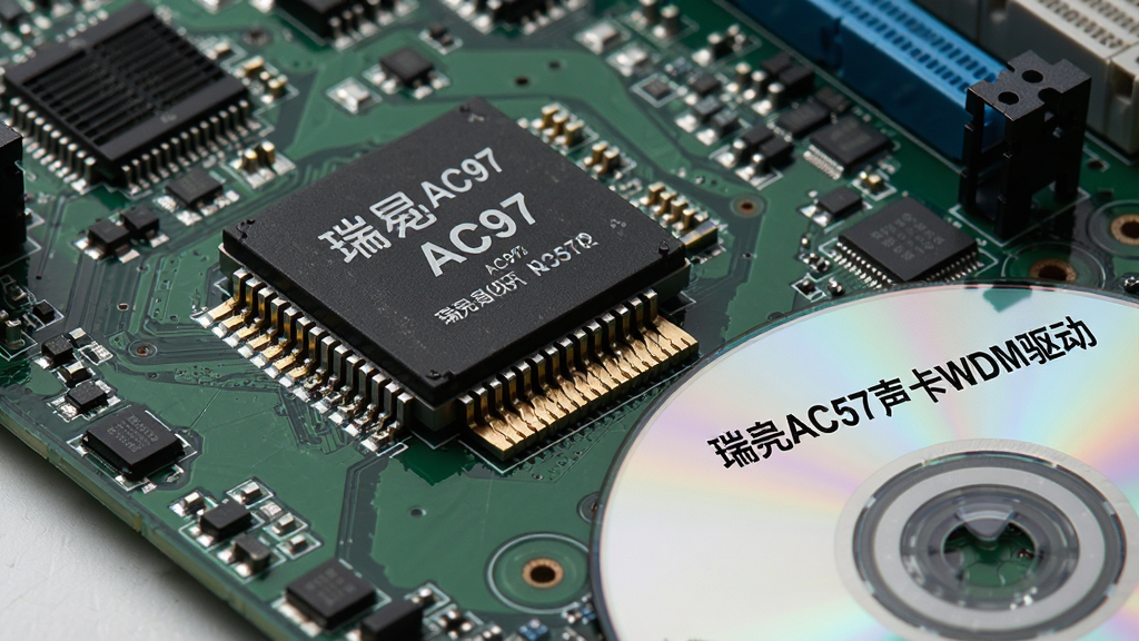 主体:一张电脑主板上的瑞昱AC97声卡芯片特写,旁边放置驱动安装光盘;布局:芯片居中,光盘位于右下角;排版:简洁明了,突出芯片型号与光盘上的“瑞昱AC97声卡WDM驱动”字样;风格:写实科技风;细节:芯片引脚清晰可见,光盘反光质感;画质:高清,干净,无多余元素