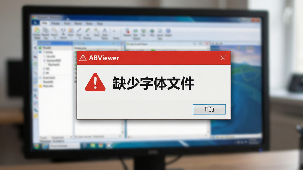 主体:一张电脑屏幕显示ABViewer软件弹出错误提示框,提示“缺少字体文件”。布局:错误框居中,背景模糊。排版:提示文字清晰。风格:写实、警示。细节:错误框有红色感叹号图标。画质:高清,干净,无多余元素