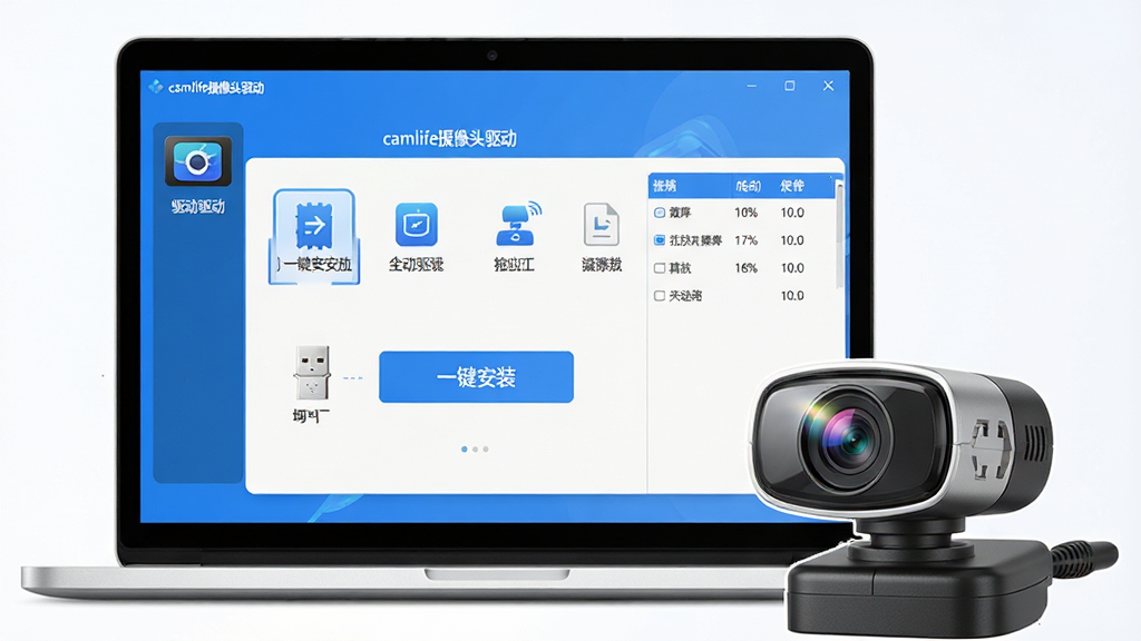 主体:一台笔记本电脑,屏幕中显示“camlife摄像头驱动”软件界面,旁边放置一个USB摄像头;布局:摄像头前置,电脑屏幕清晰展示软件主界面,背景简洁;排版:界面图标排列整齐,突出“一键安装”按钮;风格:科技感现代风格,配色以蓝色和白色为主;细节:摄像头镜头反光,屏幕上有驱动列表;画质:高清渲染,干净,无多余元素